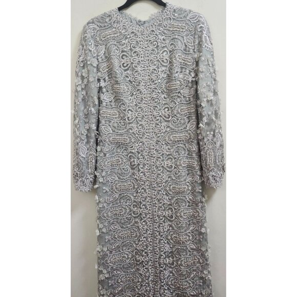 Gemy Maalouf Lace Evening Gown Light Grey Embroidered Long Sleeve Slit Front 12 - Picture 7 of 16